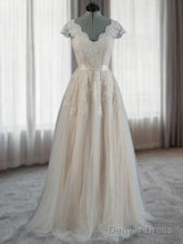A-Line V-Neck Appliques Lace Floor-Length Lace Wedding Dress